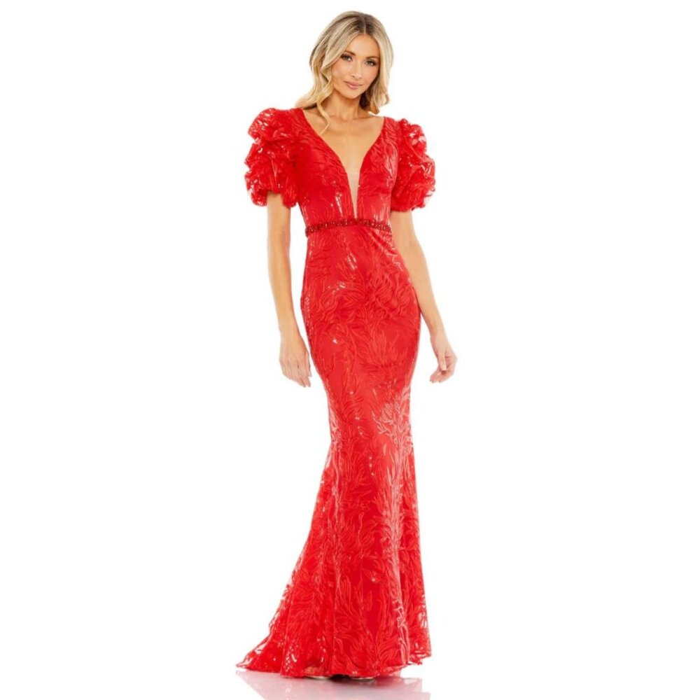 Brand New Red Trumpet Puff Sleeve, Gown for Formal,  Black Tie, or Prom